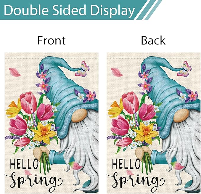 Hello Spring Gnome Garden Flag 28x40 Double Sided Burlap Butterfly Floral Yard Banner for Summer Rustic Seasonal Outside Outdoor House Decoration (ONLY FLAG)
