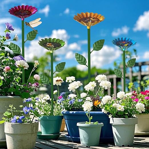 2 Pack Bee Watering Station, Bee Baths for Garden with Glass Marbles, Colorful Metal Butterfly Bird Water Feeder Supplies for Outdoor Garden Yard Farm Decor Flower Design (Blue,Yellow)