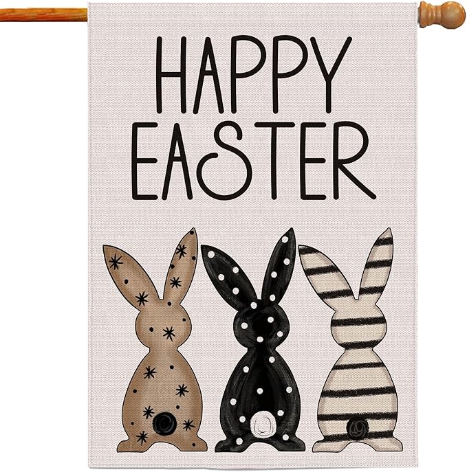 Easter Flag 28x40 Inch Double Sided Outside, Black Bunnies Flag Burlap Happy Easter Welcome Yard Decorations Outdoor