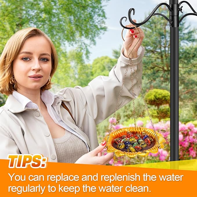 Bee Feeder with Vivid Sunflower Design - Anti-Rust Iron Bee Watering Station for Feeding, Colorful Butterfly Bath Bowl Cup with 15 Glass Marbles for Outdoor Yard Garden Decor Gifts (Gold)