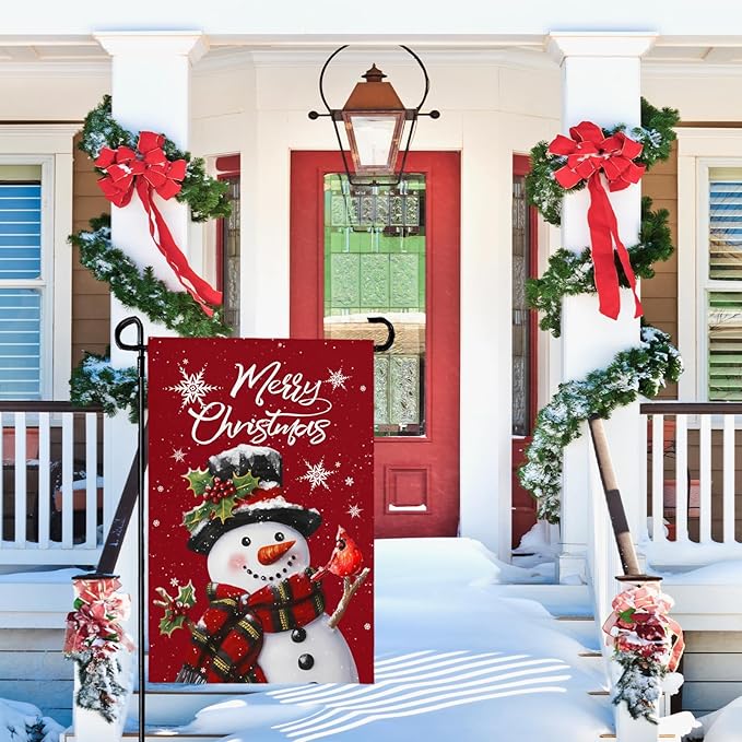 Snowman Merry Christmas Garden Flag Winter Yard Flags Red Xmas Snowman Garden Outdoor Decorations for Outside Small Xmas Flag Double Sided 12 x 18
