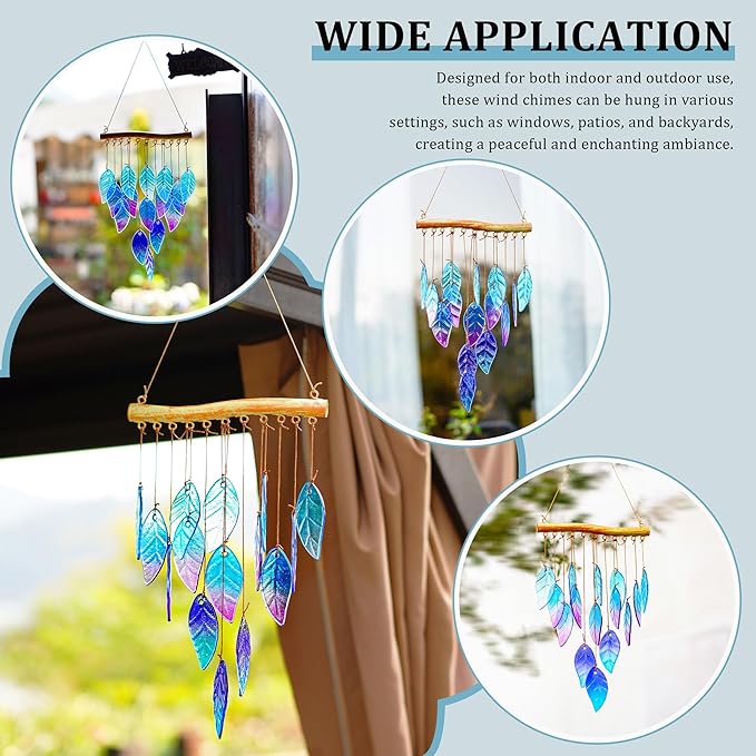 Wind Chimes for Outside,Stained Glass Leaves Wind Chimes Indoor Outdoor Hanging Decor Handmade 12.5" Garden Chimes for Windows, Patio,Backyard Decor Ornament for Christmas Tree