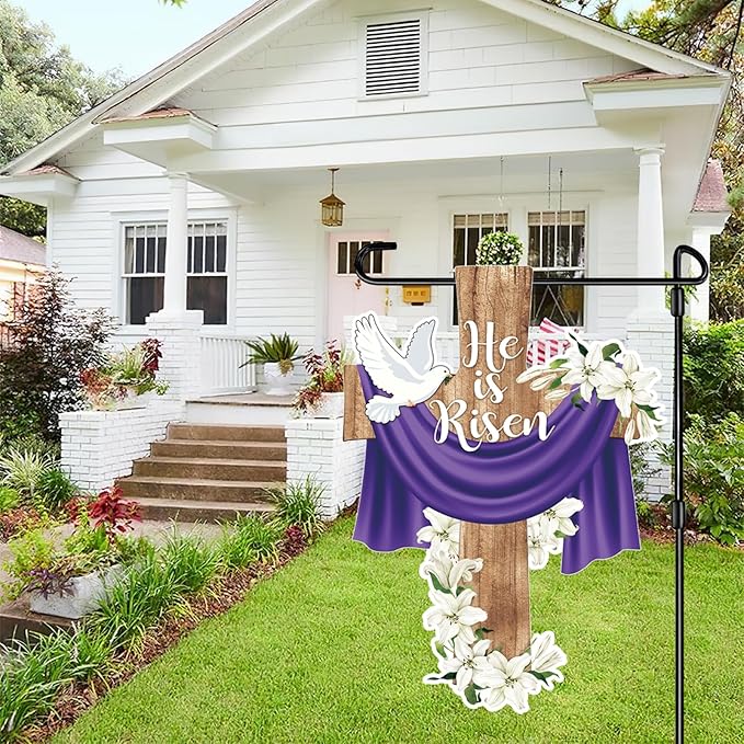 He is Risen Easter Garden Flag Banner Outdoor Decorations for Outside Double-Sided Printed, Cross Rise Christian Jesus Lily Flowers Bunting Yard Flags House Yard Spring Seasonal Decoration