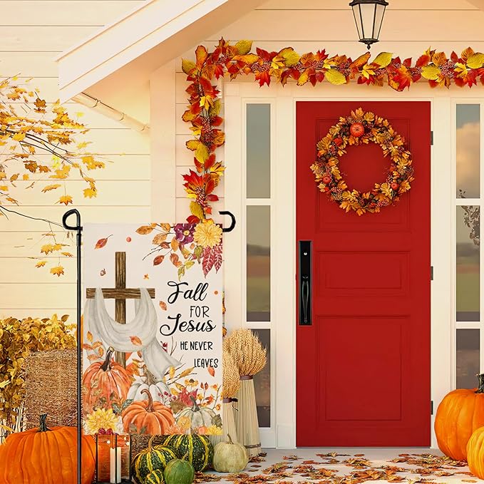 Fall for Jesus Pumpkins Garden Flag 12x18 Double Sided Fall Autumn Religious Cross Small Yard Flags for Outside Seasonal Flags Farmhouse Yard Garden Outdoor Decor