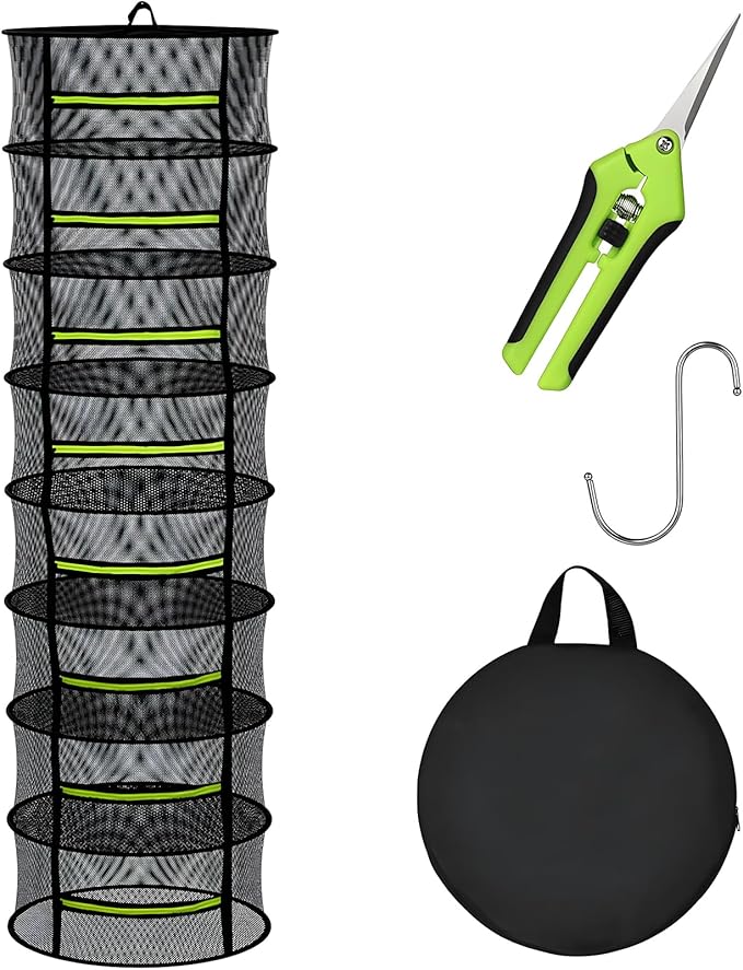 Herb Drying Rack - Mesh Drying Rack - Herb Drying Rack Hanging with Green Zipper & Garden Pruning Shears for Drying Herb - Hanging Drying Rack - Plant Drying Rack (6 Layers), Black, 12154