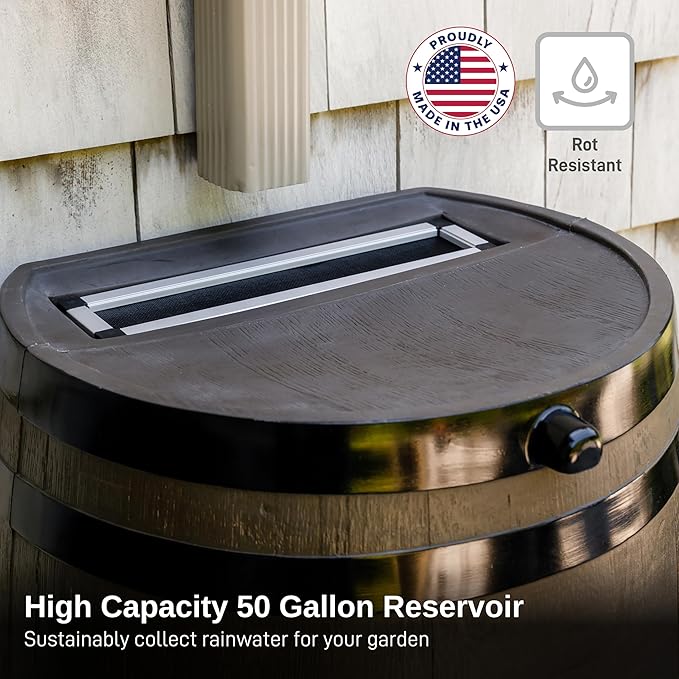 RTS Home Accents 50-Gallon Rain Barrel with Link Kit, Flat Back Rain Water Collection Barrel, Link Kit Included, Woodgrain with Black Stripes (2 Pack)