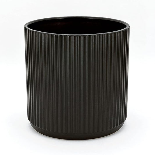 Amazon Basics Fluted Ceramic Round Planter with Drainage Hole, Indoor Outdoor Flower Pot, 8-inch, Black