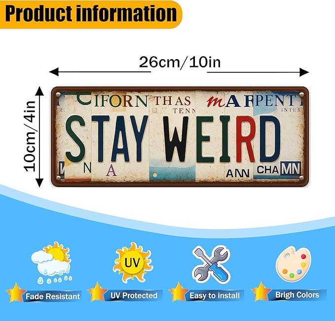 Funny Metal Signs Stay Weird-Street Signs Bar Gifts for Men,Horror Wall Decor for Home Bar Pub Club Garage Man Cave Decor 4X16 Inches