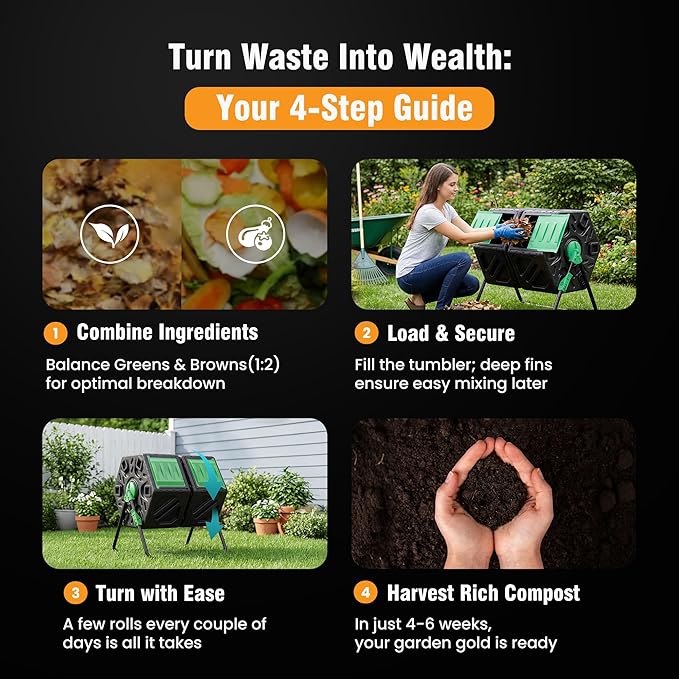 NEWBULIG Compost Bin Outdoor 37 Gallon, Separated Dual Chamber Composter Tumbler Outdoor with Gloves, Efficient 360°Rotating Composting Bin for Patio, Lawn, Home Gardening and Landscape, Black