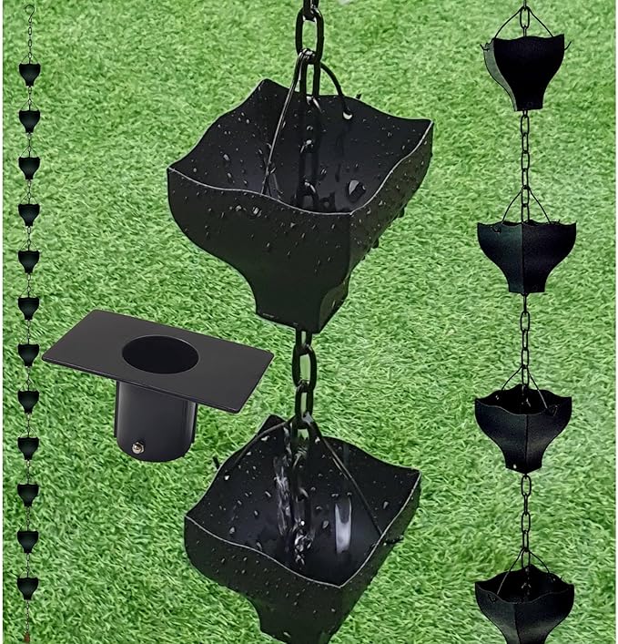 Original 9FT Black Tulip Iron Rain Chains for Gutter and Rain Barrel, Replacement for Downspout, Rust-Resistant Plated Garden Décor Rain Chain, Bonus Rain Chain Gutter Adapter, Earrings for House
