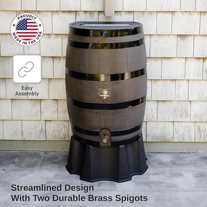 RTS Home Accents Polyethylene 50 Gallon Flat Back Dual Brass Spigot Rain Barrel, Woodgrain with Black Stripes Color