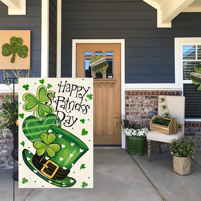 AVOIN colorlife Happy St Patricks Day Garden Flag 12x18 Inch Double Sided Outside, Shamrock Lucky Clover Hat Yard Outdoor Flag
