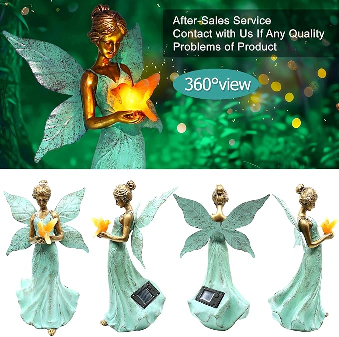 Solar Fairy Garden Statue Decor - 10 Inch Angel Statue Girls Resin Waterproof Home Decoration with Hummingbird LED Lights for Bedroom Balcony Table Yard Patio, Gifts for Women Mom Grandma Birthday