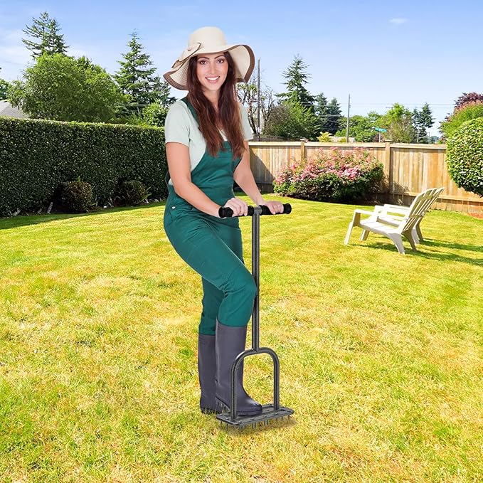 BeneLabel Spike Lawn Aerator Hand Held Spike Manual Aerator Lawn Tool with 15 Metal Spikes Grass Aerators for Yard with Wide Foot Plate & Soft Rubber T-Handle Revives Lawn Health, Loosening Soil