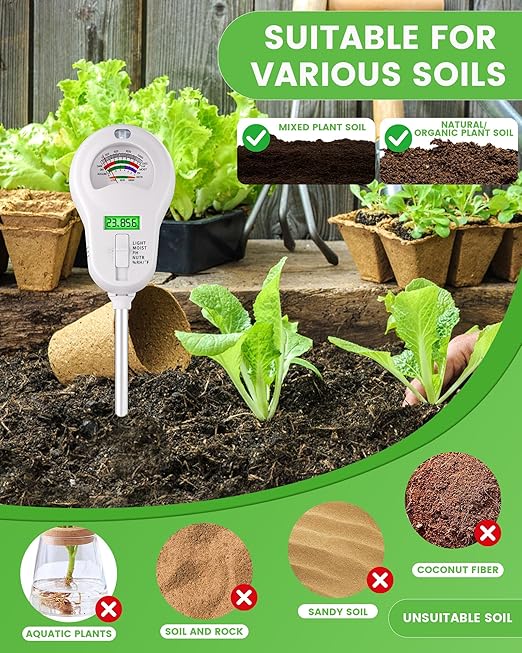 6-in-1 Soil Moisture Meter with 3 Probes, PH/Sunlight/Soil Moisture/Fertility with 3 Removable Probe, Digital Air Temp/Humidity, Soil Tester for Garden, Lawn, Indoor and Outdoor Plants