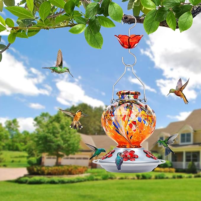 BOLITE Hummingbird Feeder, Hand Blown Glass Hummingbird Feeders for Outdoors Hanging, with 5 Feeding Ports, 22 Ounces, Peony Flower Shape, Orange, Gifts for Women Men, Gifts for Mom Dad