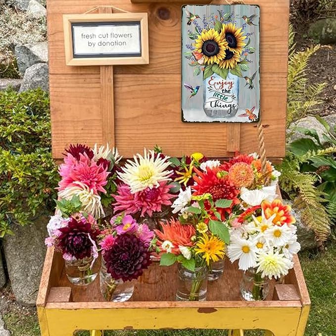 Sunflower Metal Tin Signs Hummingbird Metal Wall Decor Enjoy The Little Things Tin Sign Metal Art For Kitchen Hummingbirds Decor For Bathroom Vintage Sunflowers Tin Sign Wall Decor Gift 8x12 Inch