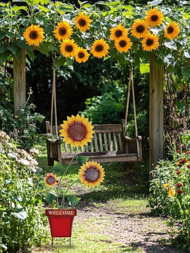 hogardeck Garden Decor for Outside, 39" Sunflower Pot Decorative Garden Stakes for Spring Outdoor Decor, Metal Yard Art Sunflower Welcome Sign for Porch Patio Lawn Pathway Backyard Decorations