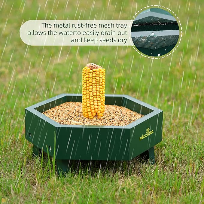 MIXXIDEA Ground Bird Feeder for Outdoors, Wooden Mesh Seed Tray for Bird Feeders, Great Attracting Garden Yard Decoration for Wild Birds Squirrels Chicken Dove, Green