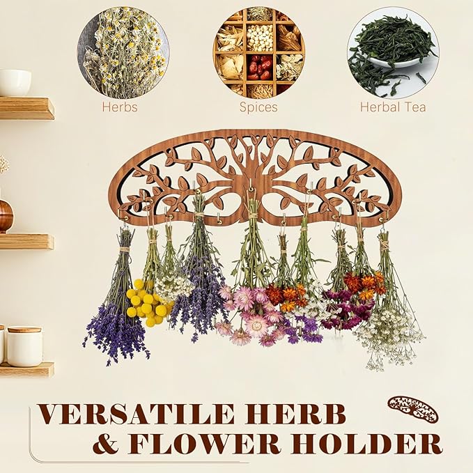 Herb Drying Rack - Wall Mounted, Tree of Life Wooden Hanging Holder for Kitchen Witch Decor, Apothecary Decor & Herbalist Supplies, Rustic Wall Art for Kitchen, Garden