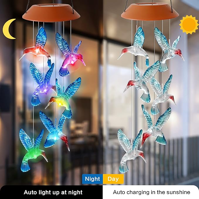 Hummingbird Wind Chimes Outdoor Color Changing Solar Mobile Light Outdoor Decoration Gifts for Grandma Birthday Gifts for Women Garden Memorial Wind Chimes (Blue)