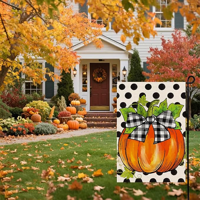 Hello Fall Pumpkin Garden Flag 12x18 Inch, Double Sided Autumn Thanksgiving Holiday Burlap Yard Flag for Outdoor Decoration