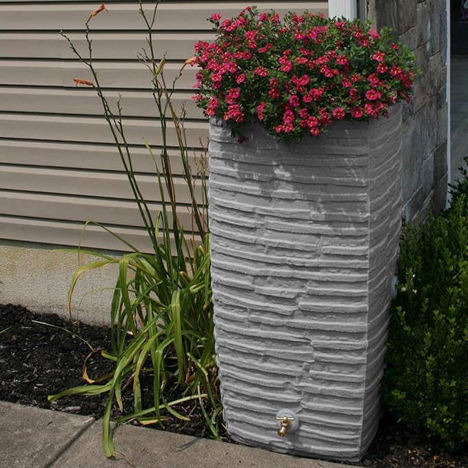 Good Ideas Rain Barrel, Faux Slate Riverwalk w/ 2 Brass Spigots, 50-Gal, Light Granite