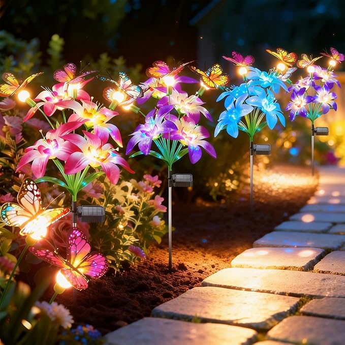 Garpar Solar Lights Outdoor Decorative, Upgraded 4 Pack Flowers with 16 Color Changing Lilies and 12 Butterflies, Brighter Waterproof Garden Decor for Yard Lawn Pathway, Mom Women Grandma Gift