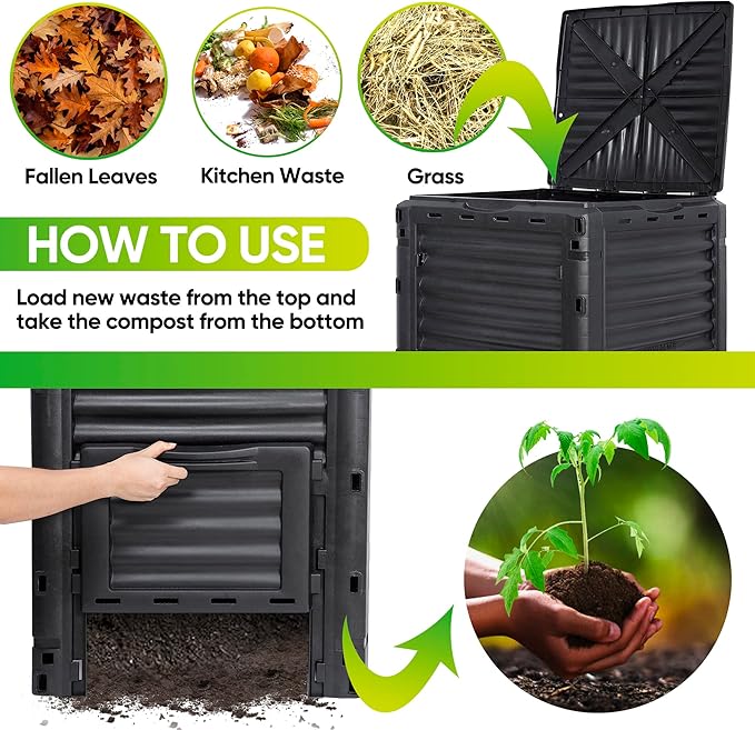 SUPER DEAL 80 Gallon Compost Bin, Outdoor 300 L Garden Composter, Large Capacity BPA Free Material for Fast Creation of Fertile Soil, Easy to Assemble, Black (Black, 80 Gallon)