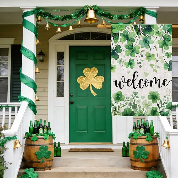 Louise Maelys St Patrick's Day Garden Flag Shamrock Clover Welcome 28x40 Inch Double Sided Large Burlap Love Heart Saint Patricks Spring Holiday Yard Outdoor Sign Outside House Decor