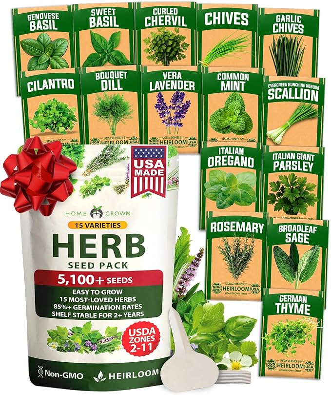 HOME GROWN Herb Seeds for Planting 15-Pack Massive Seed Count 5,100+ Seeds Non-GMO Heirloom | Extra Large | Culinary Herb Kit, Indoor Outdoor & Hydroponic | Grow Your Own Herbs | Gardening Gift