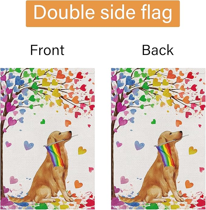 Louise Maelys Golden Retriever Pride Month Garden Flag Rainbow Love Heart Tree 12x18 Inch Double Sided Small Burlap Gay Lesbian LGBTQ Yard Outdoor Sign Outside Home House Decor