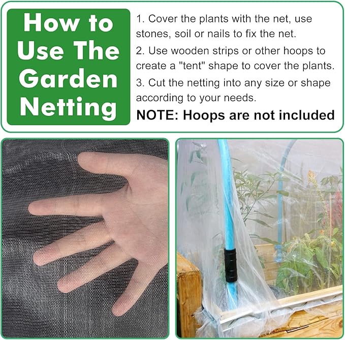 Unves 8x10ft Garden Netting, White Mosquito Net Insect Mesh Bird Netting Barrier Screen, Plant Net Row Cover for Vegetables, Garden Bed Cover Protect Fruit Tree Flowers Crops Grow