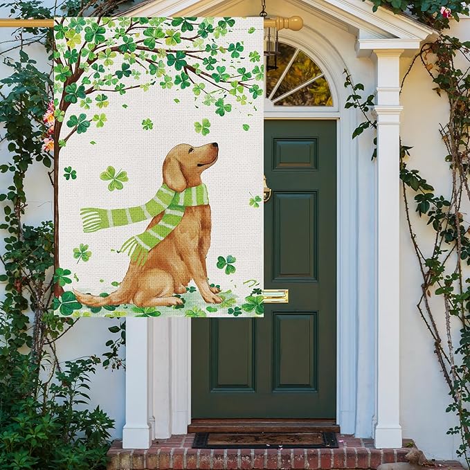 Louise Maelys St. Patrick's Day Garden Flag Lucky Clover Golden Retriever Welcome Double Sided 28x40 Inch Large Burlap Spring Holiday Yard Sign Outdoor Outside Home Decor