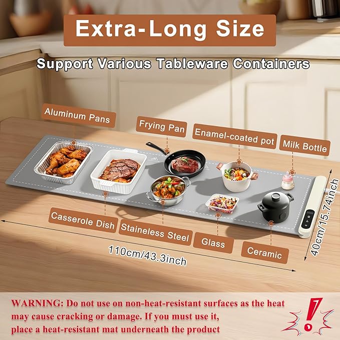 FYY Extra Long Warming Mat for Food - Rapid and Full Surface Heating, 6 Temp Settings, 6H Timer, Rollable Portable Food Warming Mat for Gatherings, Parties, Keep Meal Warm (XXX Large Size, Gray)