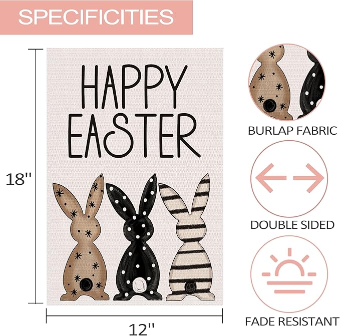 Easter Garden Flag 12x18 Inch Double Sided Outside, Black Bunnies Flag Burlap Happy Easter Welcome Yard Decorations Outdoor