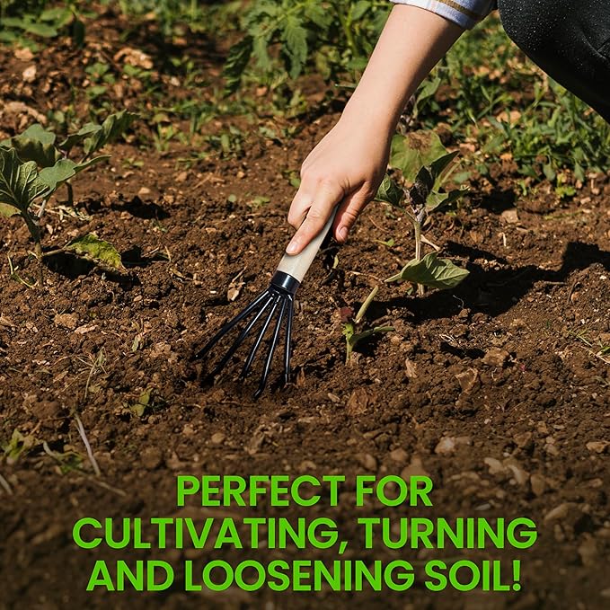 Garden Guru Hand Rake Cultivator Claw Soil Tiller - Military Grade Steel - Rust Resistant - 5 Tine Japanese Ninja Claw - Comfortable Wood Handle - Perfect Pulverized and Aerated Soil - 1 Case (50 Pcs)