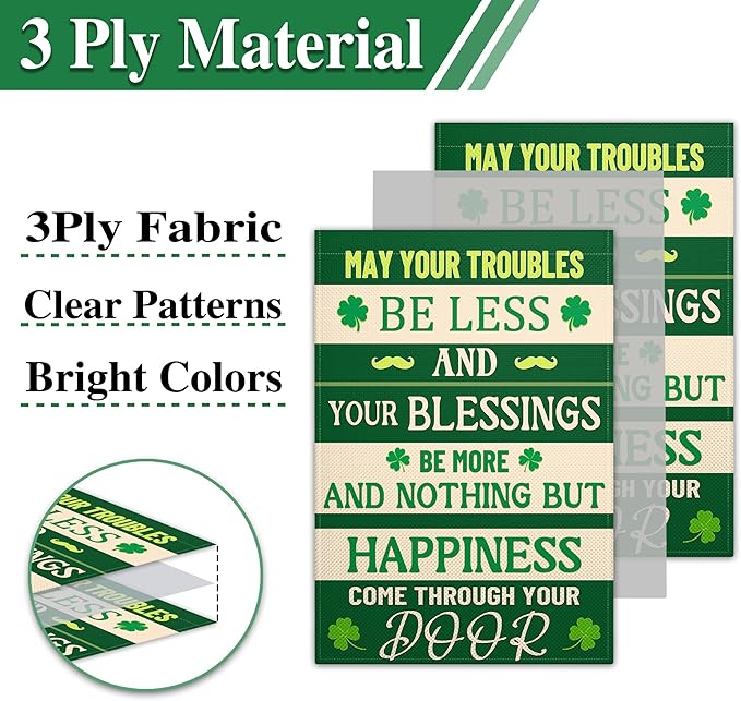 St Patricks Day Garden Flags for Outside 12x18 Inch Double Sided Irish Blessing Garden Flag 3 Ply Green Shamrock Garden Flag for Outdoor Indoor House Party Yard Holiday Signs Decorations