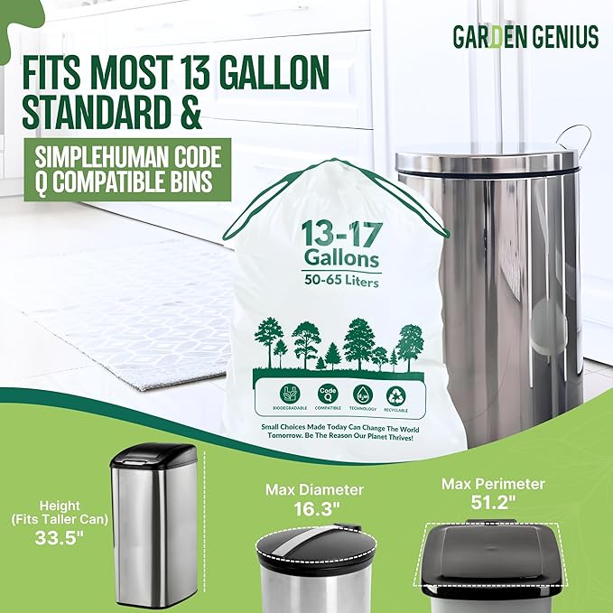 Biodegradable 13-17 Gallon Code-Q Trash Bags (50 Pack) | Strong Heavy-Duty Tall White Kitchen Bags w/Drawstring | Fits Simplehuman & Standard Cans | Eco-Friendly D2W, 30 Micron Thick | 25.6" x 33.5"