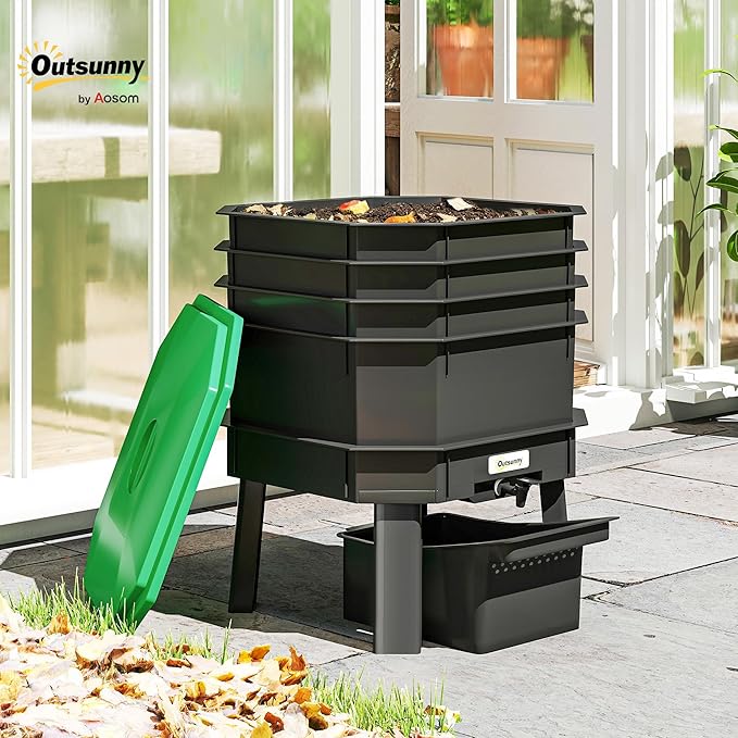 Outsunny 4-Tray Worm Composter Bin, 7.4 Gal Outdoor & Indoor Worm Composter, Farm Starter Kits for Vermicomposting Starter, Garden Composting Bin for Recycling Food Waste, Dark Green