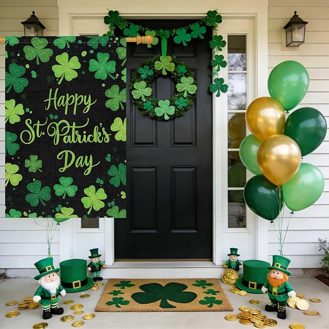 Louise Maelys Happy St Patrick's Day Garden Flag Clover Shamrock Welcome 28x40 Inch Double Sided Large Burlap Saint Patricks Spring Holiday Yard Outdoor Outside House Decor