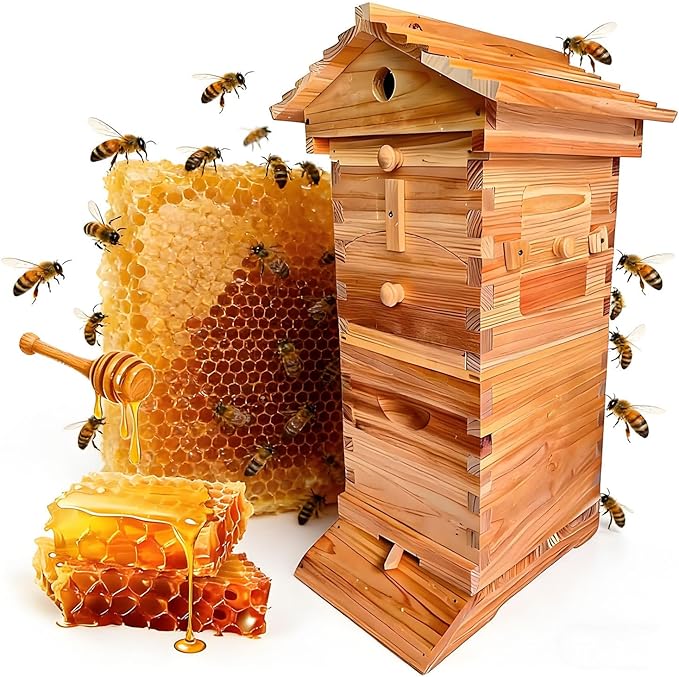 Beehive Starter Kit,Self-Flowing Honey Beehive,with Observation Window and Honey Spout,Self-Flowing Wooden Bee Box,for Beekeeping,Garden Pollinators