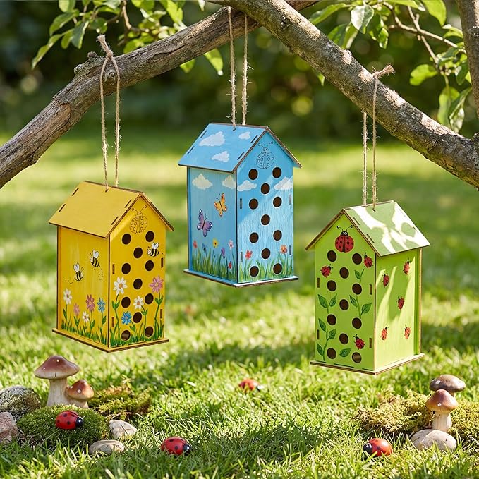 DoubleFill 12 Pack Wood Ladybirds House Painting Crafts Kits My First Ladybugs House DIY Art Craft Kit with Hemp Rope DIY Cedar Wooden Birdhouse for Building Bee Butterfly Habitat, No Paint