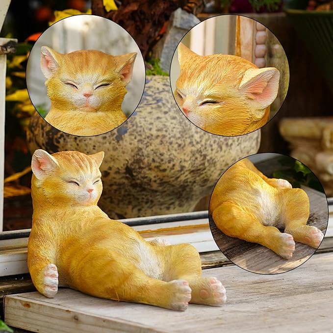 Cat Garden Statue Outdoor Decor, Resin Cat Figurine Garden Sculpture Patio Decor, Larger Pet Memorial Stone, Orange Sleeping Cat Memorial Gift for Loss of Cat, Outdoor Statues Pet Remembrance Gift
