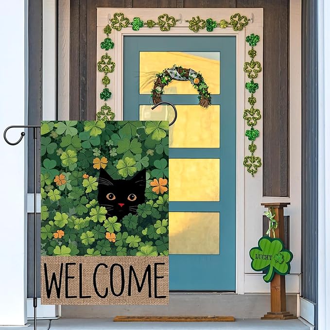 St Patricks cat Garden Flag 12x18 Inch Double Sided Outside Black Cat Welcome Spring Holiday Shamrocks Holiday Yard Outdoor Flag Home Decor