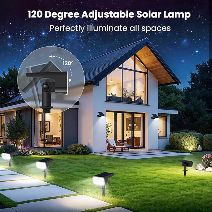 Solar Lights Outdoor Waterproof IP65, Super Bright LED, 6500K 2 Lighting Modes, Solar Powered Yard Garden Solar Spot Lights for Outside Landscape Auto On/Off -4 Pack