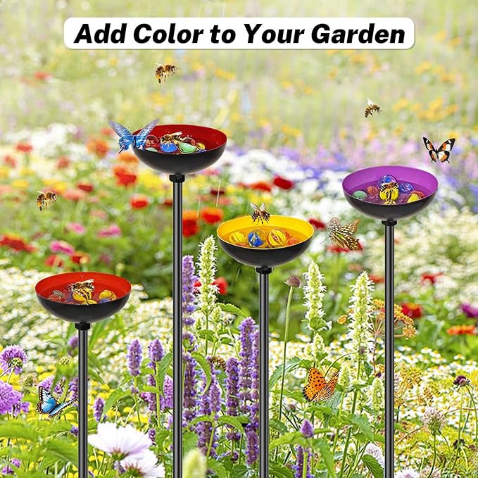 4 Pack Bee Watering Station for Garden, MeyRolizn Outdoors Metal Bee Butterfly Feeder with Glass Marbles, Butterfly Bath Insects Water Bowl for Yard Patio Decor Oval Style