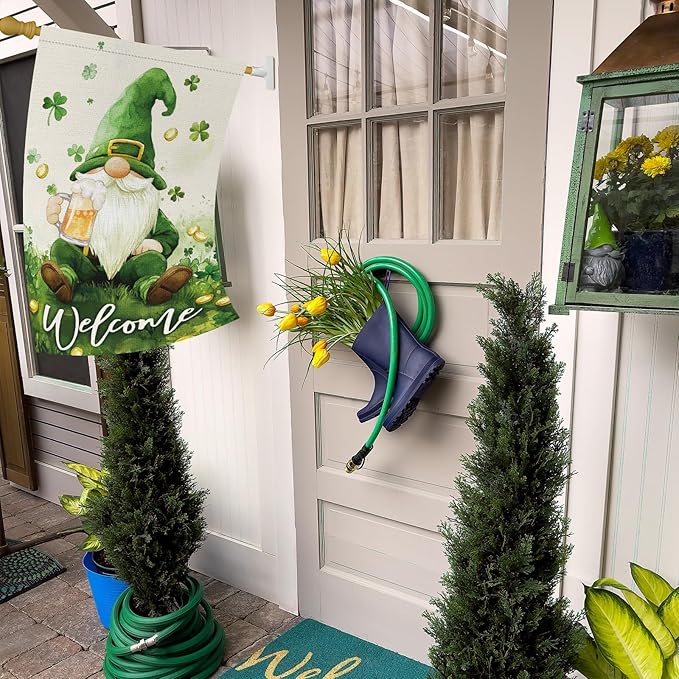 St Patricks Day Gnome House Flag 28x40 Inch Double Sided，Lucky Shamrocks Large Burlap Flag Welcome Irish Holiday Yard Outdoor Decor