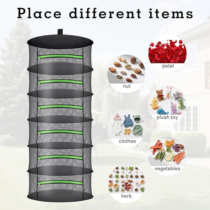 Herb Drying Rack with Mesh Design - Hanging Herb Dryer with Green Zipper for Garden, Home, Indoor or Outdoor Use (6layer)