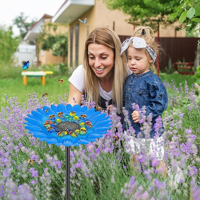 Bee Watering Station Feeder, Metal Butterfly Water Feeder with 30 Colorful Glass Marbles, Bee Waterer Feeder for Butterfly Bird Garden Outdoor Decors (Blue Chrysanthemum)